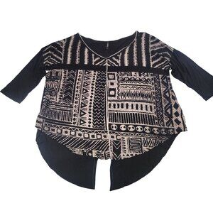 Edista Black & Beige Geometric Print Asymmetrical Hem Top Size S